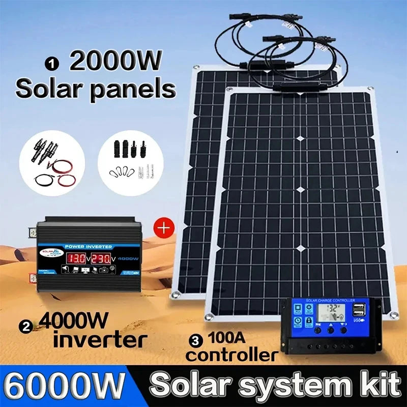 Kit Solar Flexible 2000W Completo | Inversor 4000W (110V/220V) y Controlador 12V | Para Casa, Camping y Exterior
