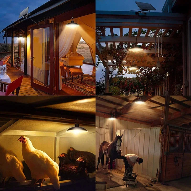 Lámpara Colgante Solar Exterior LED (Doble Cabezal) | Impermeable con Control Remoto para Cobertizos, Graneros y Uso Interior