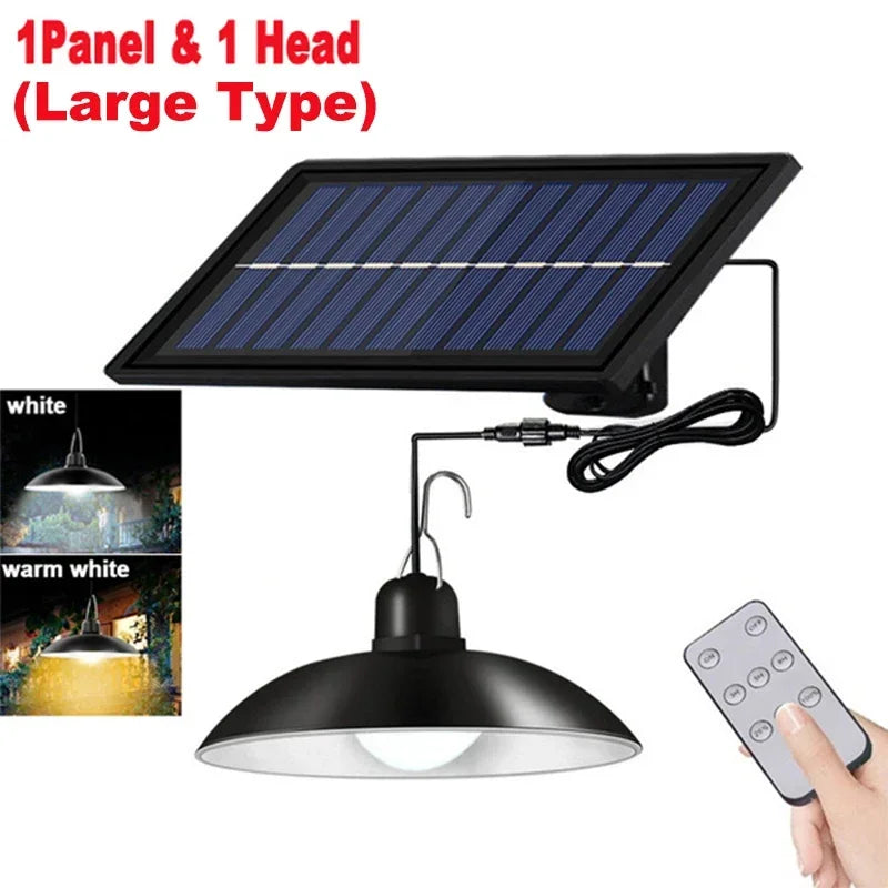 Lámpara Colgante Solar Exterior LED (Doble Cabezal) | Impermeable con Control Remoto para Cobertizos, Graneros y Uso Interior