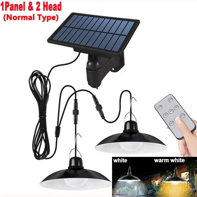 Lámpara Colgante Solar Exterior LED (Doble Cabezal) | Impermeable con Control Remoto para Cobertizos, Graneros y Uso Interior
