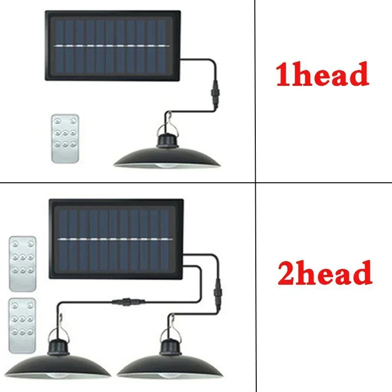 Lámpara Colgante Solar Exterior LED (Doble Cabezal) | Impermeable con Control Remoto para Cobertizos, Graneros y Uso Interior