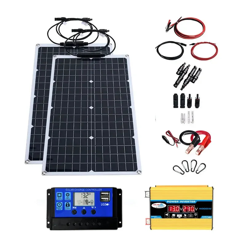 Kit Solar Flexible 2000W Completo | Inversor 4000W (110V/220V) y Controlador 12V | Para Casa, Camping y Exterior