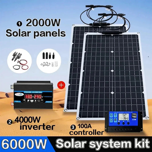 Kit Solar Flexible 2000W Completo | Inversor 4000W (110V/220V) y Controlador 12V | Para Casa, Camping y Exterior