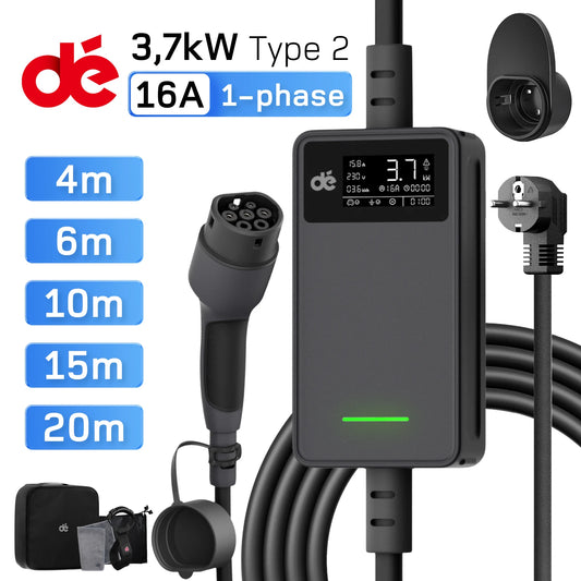 Cargador EV Portátil 3,7 kW (16A) Monofásico Tipo 2 | Enchufe Schuko para Coche Eléctrico | Cable 6m a 20m (Hogar y Exterior)