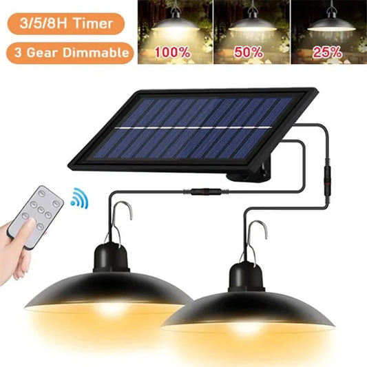 Lámpara Colgante Solar Exterior LED (Doble Cabezal) | Impermeable con Control Remoto para Cobertizos, Graneros y Uso Interior