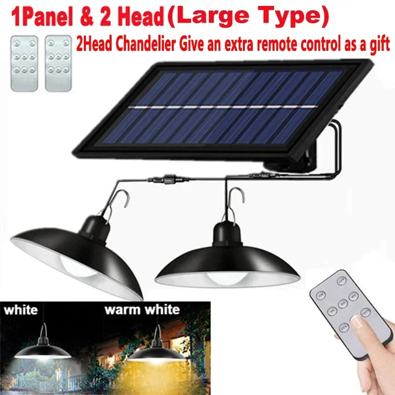 Lámpara Colgante Solar Exterior LED (Doble Cabezal) | Impermeable con Control Remoto para Cobertizos, Graneros y Uso Interior