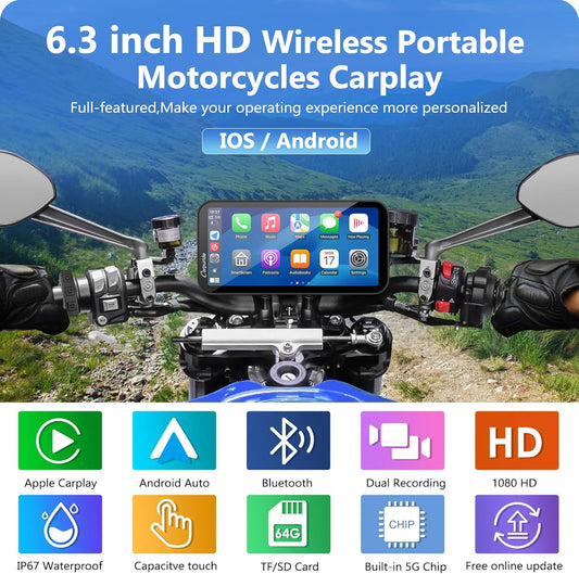 Carpuride 6 para Moto con CarPlay y Android Auto Inalámbrico Cámara Dual 1080P Resistente al Agua IP67 Audio BT y Control Remoto