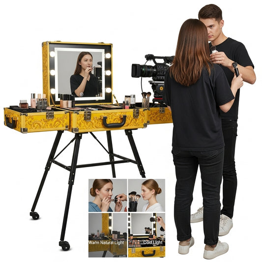 Maletín Tocador Profesional Portátil con Patas|BAROQUE YELLOW|Maleta de Maquillaje Móvil para Estilistas